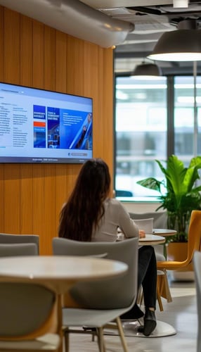 woman sits in the office break room in the front of the digital signage where she sees interesting internal news