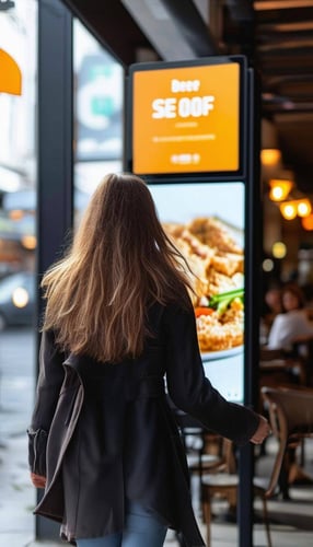 woman walks by the restaurant where she sees interesting offer on digital signage pylon